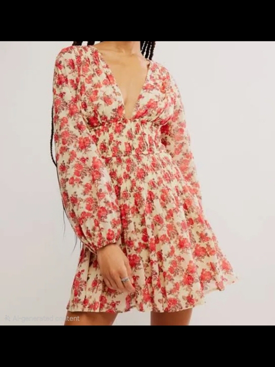 Free People Dresses & Skirts - Free People Keep You Smocked Mini‎ Dress Long Balloon Sleeve V Neck Size S